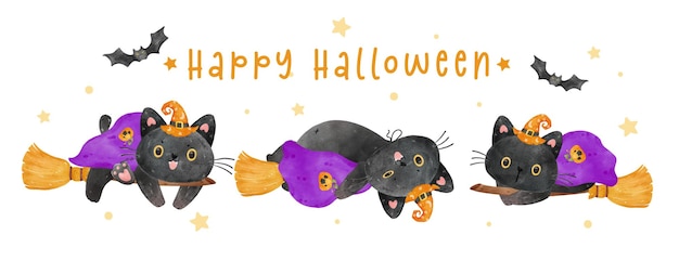 Группа из трех милых черных кошек на хэллоуин носит шляпу ведьмы на летающей метле, проходит фазу луны и летучих мышей