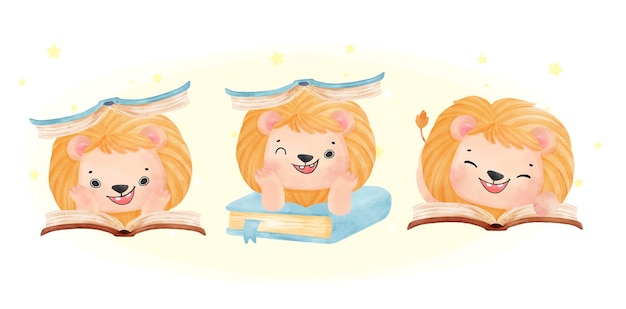 세 귀여운 수채화 행복한 아이 사자 읽기 책의 그룹은 만화 동물 수채화 벡터를 읽는 것을 즐깁니다.