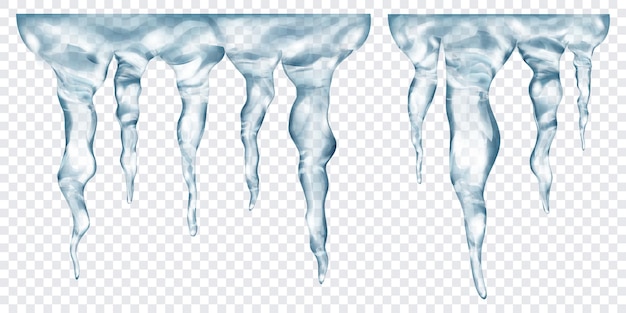 Группа полупрозрачных серых реалистичных сосулек разной длины, соединенных вверху, изолированных на прозрачном фоне. прозрачность только в векторном формате