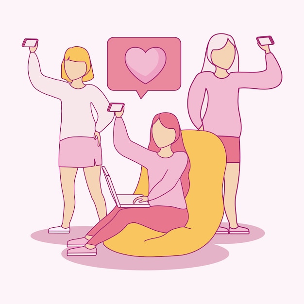 벡터 스마트 폰 및 연설 거품 selfie를 복용하는 여성 그룹