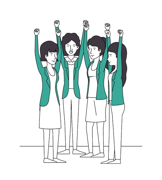 手を上げ、緑色の服を着た女性のグループ