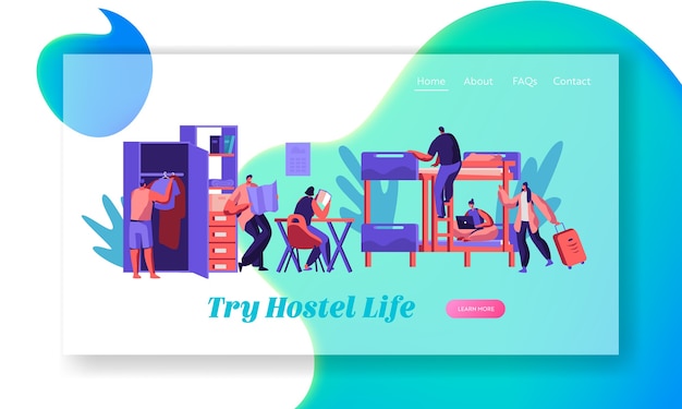 ベクトル ホステルルームのランディングページでの若い旅行者のグループ。国際経済旅行コンセプトのウェブサイトまたはウェブページ。人のキャラクターが入ったホテルのインテリア。フラット漫画ベクトルイラスト