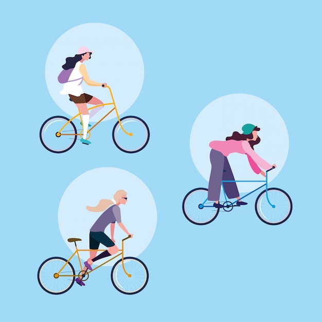 ベクトル 自転車のアバターのキャラクターに乗っている若い女性のグループ