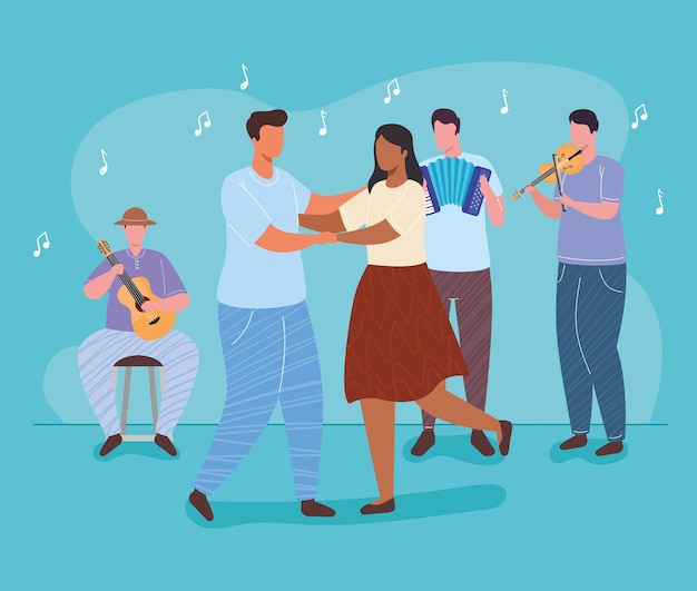 Group of orchest and couple dancing characters  illustration