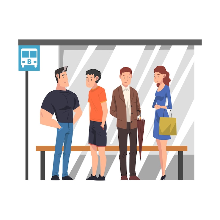 Vector group of passengers waiting for public transportation people spending time in expectation cartoon vector illustration