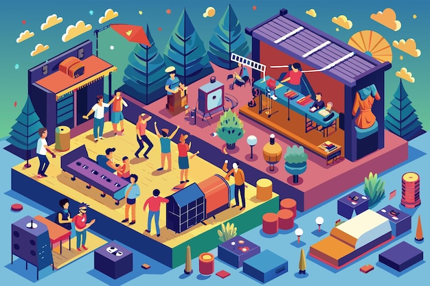 Vector a group of people are gathered around a festival isometric people attending a music festival