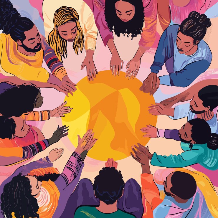 Vector a group of people are playing with a circle of yellow with the word quot on it quot