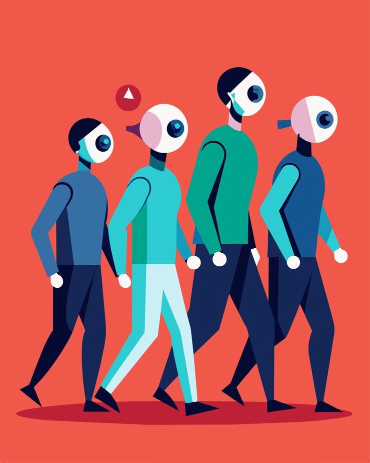Vector a group of people are seen walking mindlessly their eyes glazed over and their movements stiff and