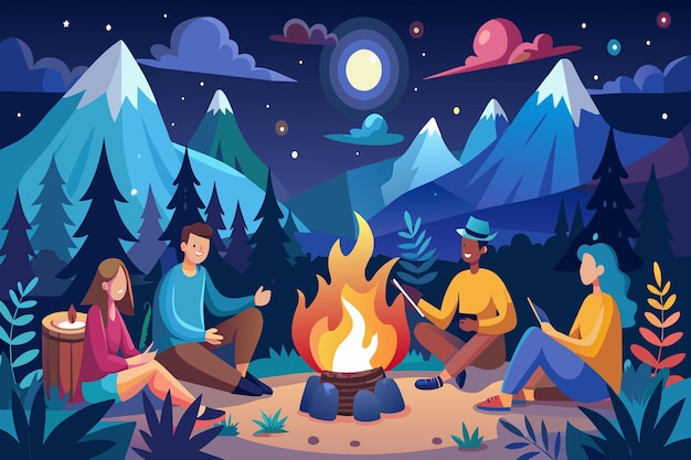 A group of people are sitting around a fire in the woods