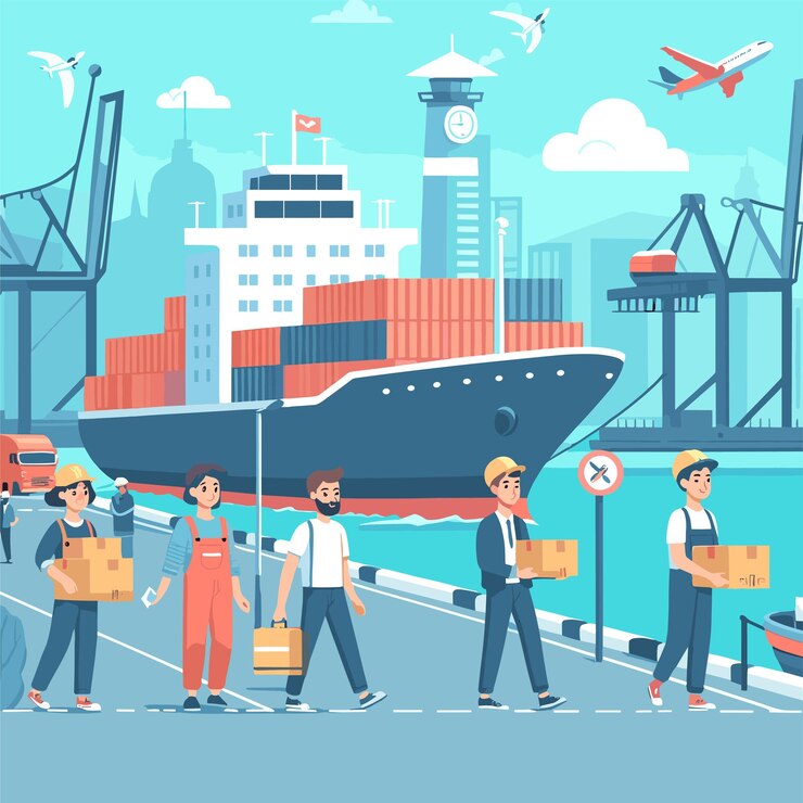 वेक्टर a group of people are walking on a dock with a large ship in the background