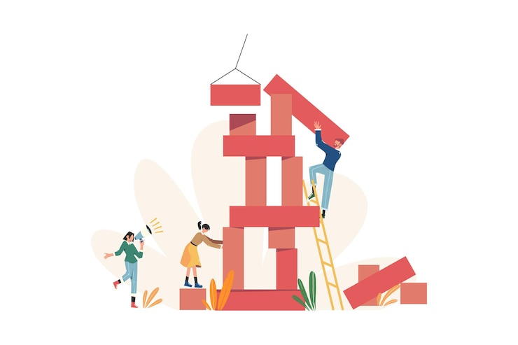 Vector group of people build a random shape blocks