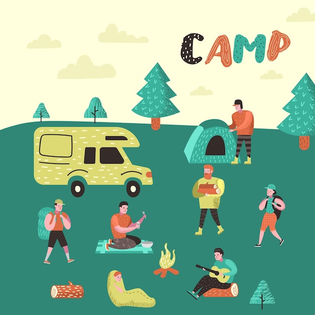 A Group Of People Camping with Tents Campfire Having Fun Illustration