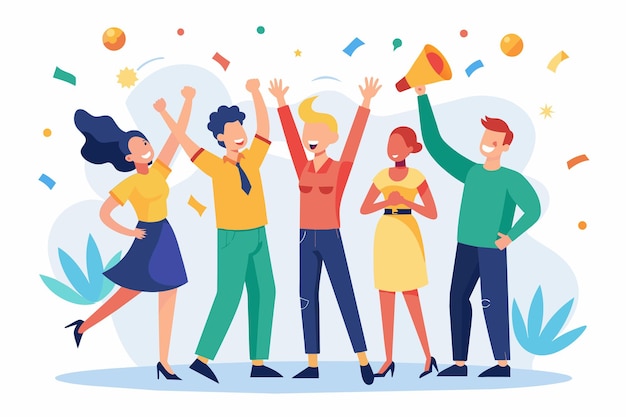 Vector a group of people celebrating enthusiastically with a trophy in hand people rejoice and announcements simple and minimalist flat vector illustration