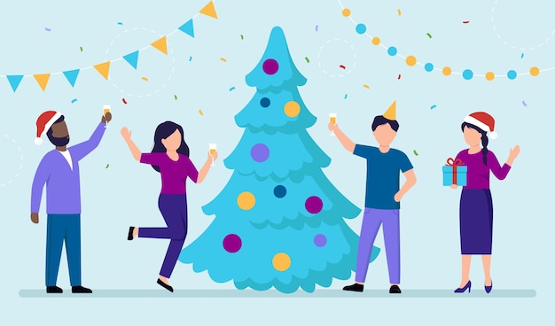 ウィナーホリデーを祝う人々のグループ。大晦日またはフラット漫画スタイルのクリスマスコンセプトベクトルイラスト。