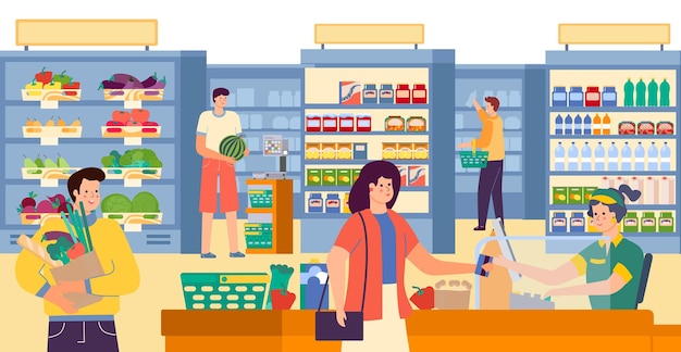 Group of people character together buy food product in grocery store local supermarket with foodstuff flat vector illustration