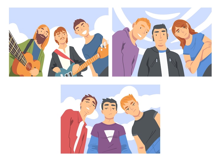 Vector 터 세트 위에서 카메라를 바라보는 사람 캐릭터 그룹