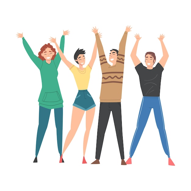 group of people characters standing together with raising hands vector illustration