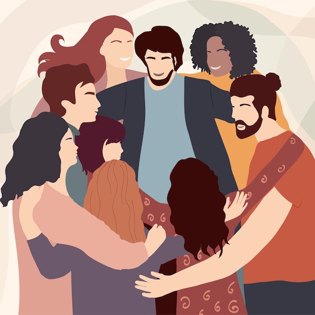 Group of people in circle from different cultures hugging each other Cooperation Community