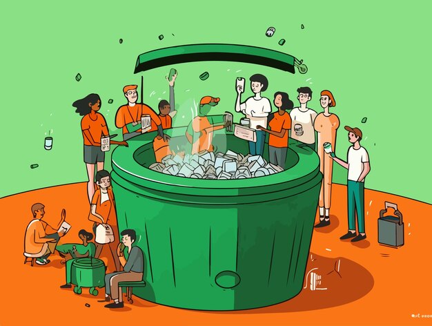 A group of people in a circular green bin and others in an orange recycling bin