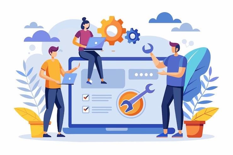 Vector a group of people collaborating on a computer working on code and fixing errors on a website technicians fix errors on the website simple and minimalist flat vector illustration