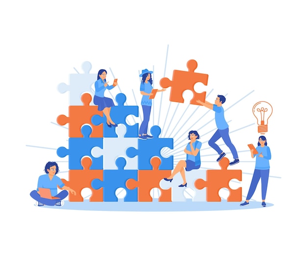 Vector a group of people connecting puzzle pieces business teamwork in solving problems team building concept flat vector illustration