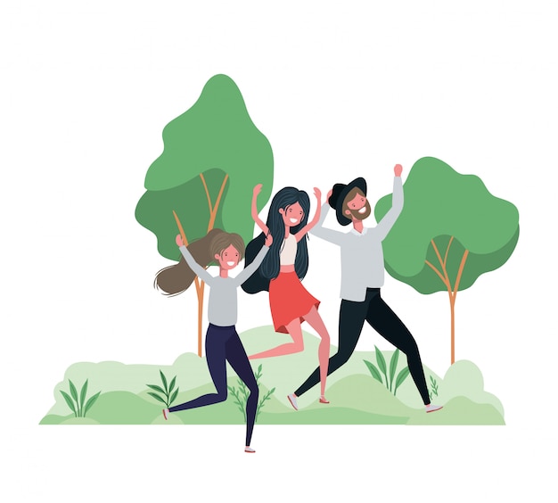 Vector group of people dancing in landscape with trees and plants