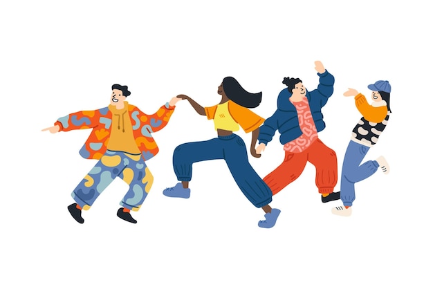 a group of people dancing together flat illustration style