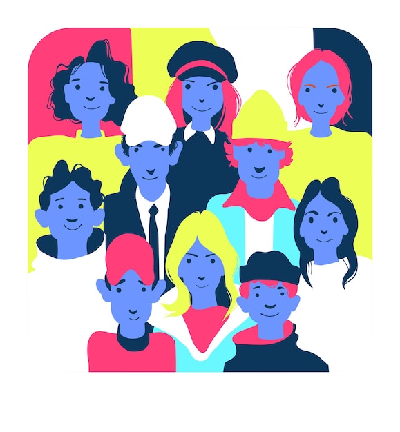 Vector group of people of different nationalities and cultures people background the crowd of abstract people shoulders avatars bright people portraits set