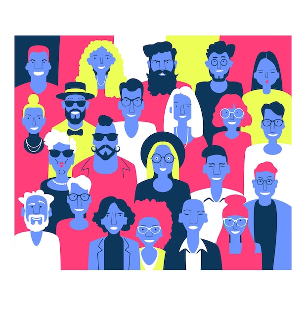 Group of people of different nationalities and cultures people background the crowd of abstract people shoulders avatars bright people portraits set
