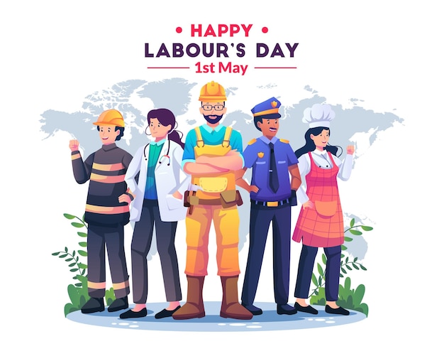 A Group of People in different Professions standing to celebrate Labour day illustration