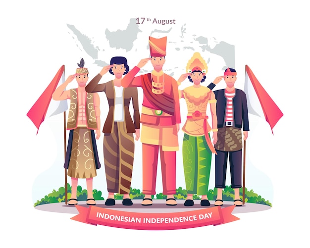 Vettore un gruppo di persone in diversi abiti tradizionali celebra rispettosamente il giorno dell'indipendenza dell'indonesia il 17 agosto illustrazione vettoriale in stile piatto