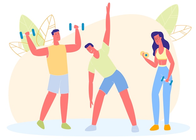 Vector group of people doing sports exercises, workout