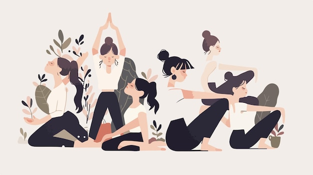 Vector a group of people doing yoga in a room with a plant in the background