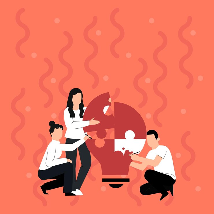 Vector group of people drawing helping each other building large light bulb jigsaw puzzle sharing new
