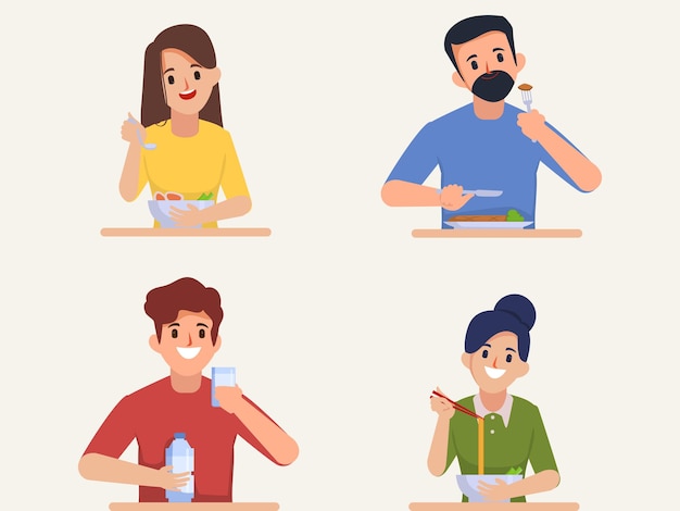 Group of people eating healthy food character flat vector people design