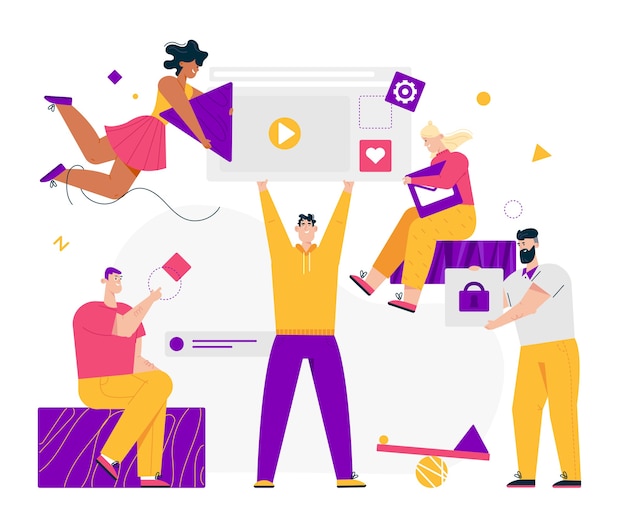 group of people employees working on project together. partnership teamwork man and woman develops webpage to video content