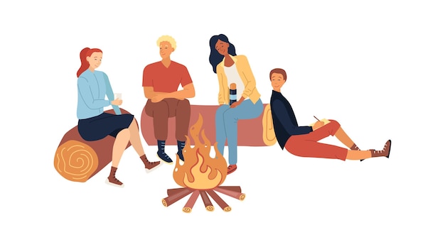 Vector group of people or family sitting on logs