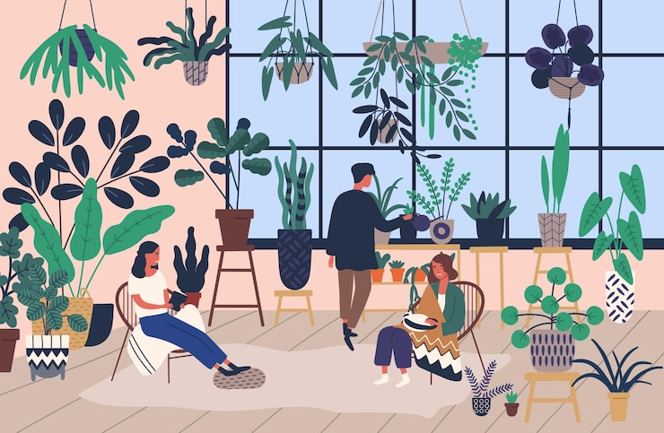 Vector group of people or friends spending time at greenhouse or home garden with plants growing in pots. young men and women caring for houseplants. trendy vector illustration in flat cartoon style.