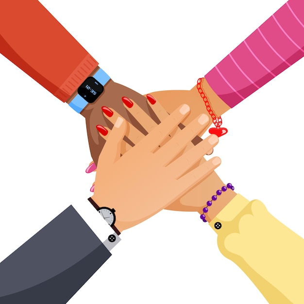 Group of people hands together flat illustration. cooperation, partnership, teamwork cartoon concept.