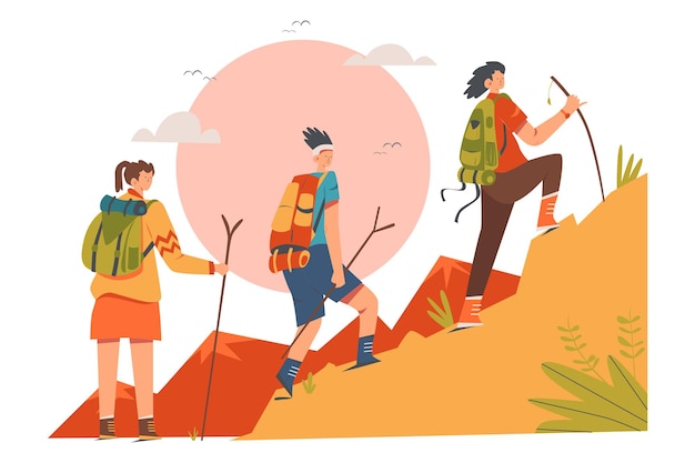 Group of people hiking outdoor activity illustration