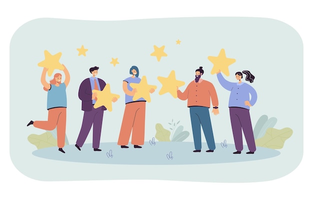 Vector group of people holding giant stars in hands. flat illustration