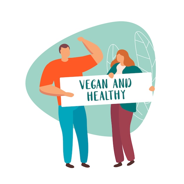 Vector group of people holding sign vegan and healthy isolated.