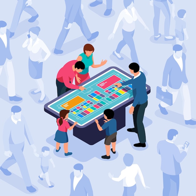 Group of people looking for information on interactive panel isometric