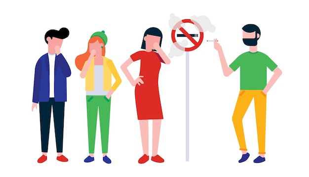 Vector group of people man smokes cigarette near no smoking sign girl woman and boy coughing