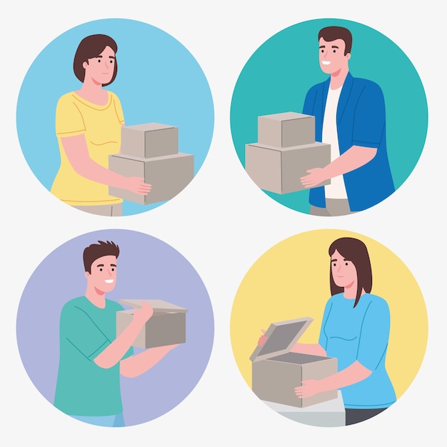 Group people opening boxes