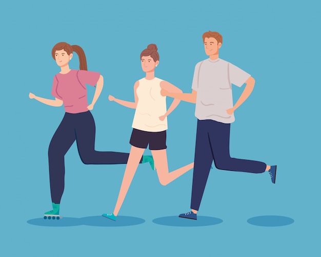 group people practicing exercise avatar characters vector illustration design