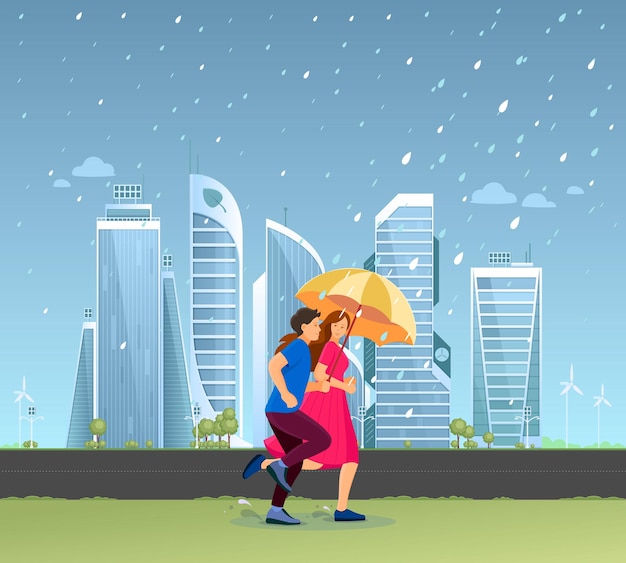 Group people in rain Couple together man and woman with umbrella running in autumn rainy weather