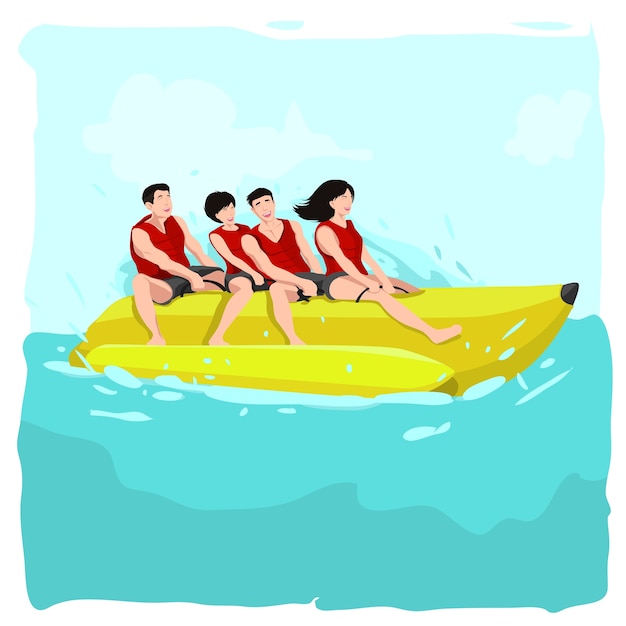 Group of people rides banana boat at the beach