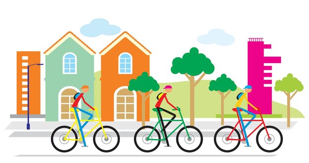 A group of people riding bicycles in front of a house