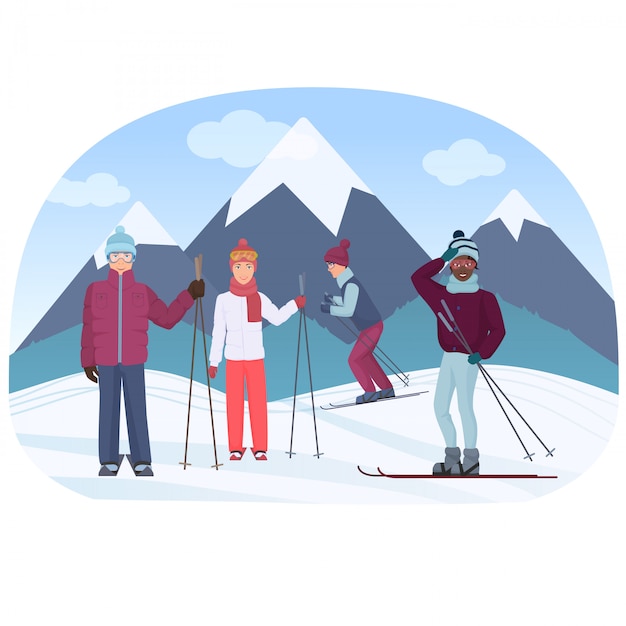 Vector a group of people riding skies in the mountains vector illustration. ski people.